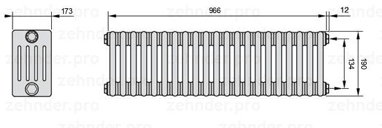 Схема (чертеж) Радиатор Zehnder Charleston 5019/21 №7610 Белый глянцевый RAL 9016